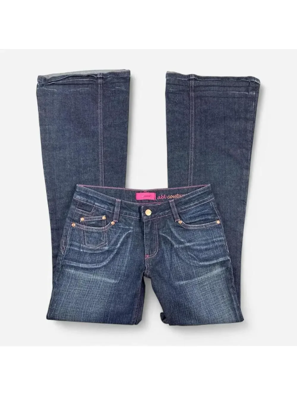 Vintage Y2K Dark Wash Low Rise Bootcut Flare Jeans Pink Stitching
